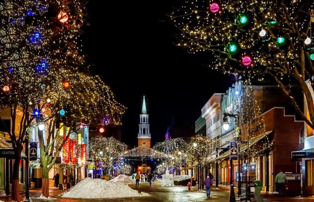 holiday lights at night in a Burlington, Vermont street