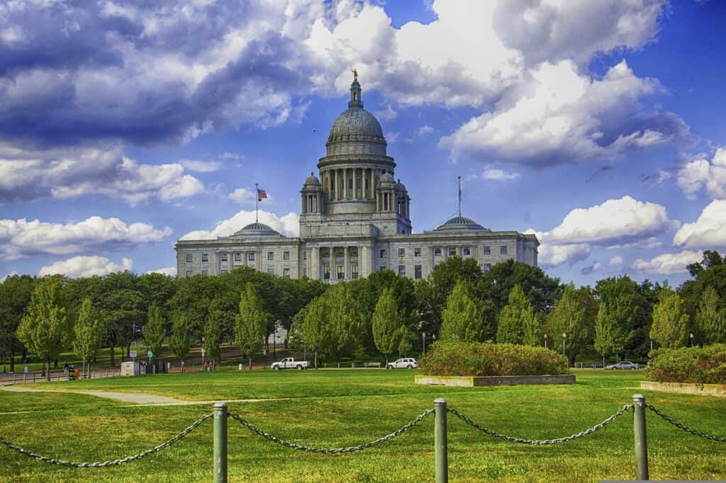 Outside view of state capitol building in Providence, Rhode Island